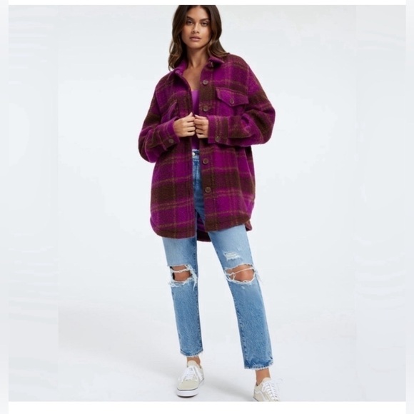 Good American Wool Blend Plaid Shacket Jacket Pop Thistle Purple sz 00/0 - Picture 1 of 9